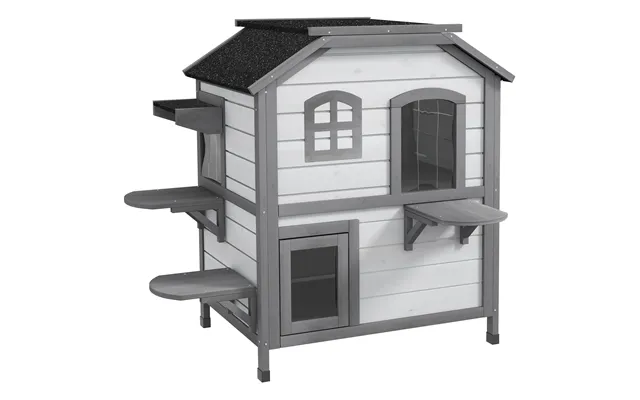 Pawhut 2-storey Indoor Or Outdoor Wooden Cat Enclosure Kitty Shelter With Escape Door - Openable Weatherproof & Waterpro