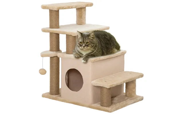 Pawhut Adjustable Cat Steps, With House & Hanging Toy Ball - Beige Aosom Uk