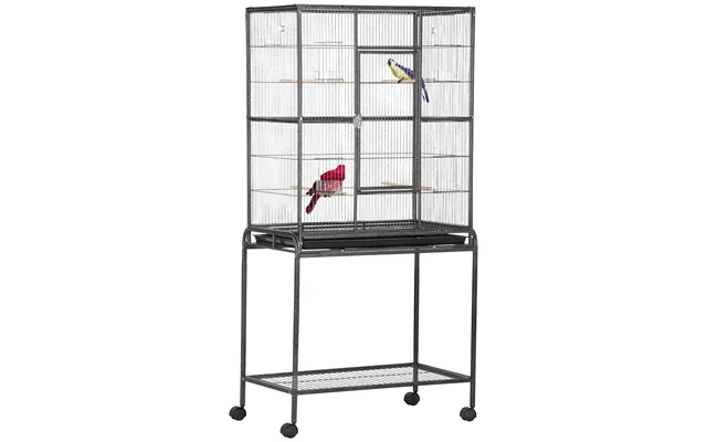 Pawhut Avian Abode Wheeled Metal Cage For Canaries & Parakeets - Wooden Perch