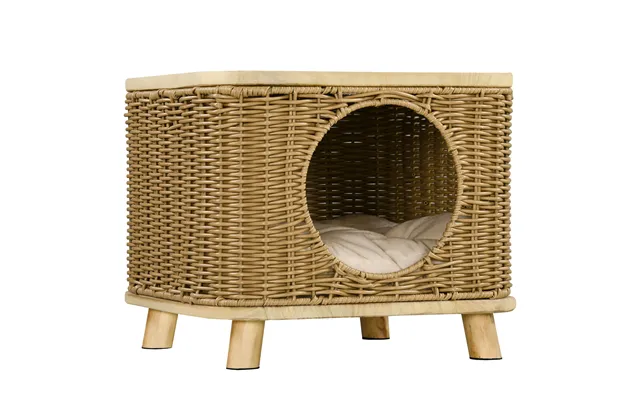 Pawhut Elevated Design Wicker Cat House With Washable Cushion - Light Brown Aosom Uk
