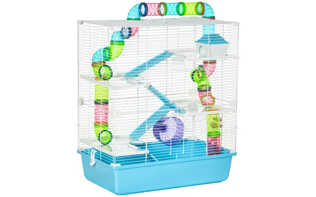Pawhut Hamster Cage W Water Bottle, Exercise Wheel, Tubes, Ramps - Light Blue