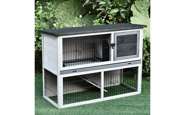 Pawhut Small Animal Two-level Fir Wood Hutch W Slide Out Tray Grey