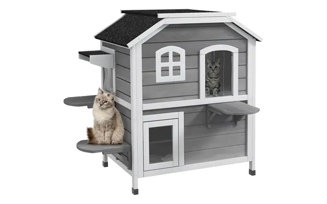 Pawhut Solid Wood Cat Condos Pet House Water Proof Outdoor 2-floor Villa - Grey Aosom Uk