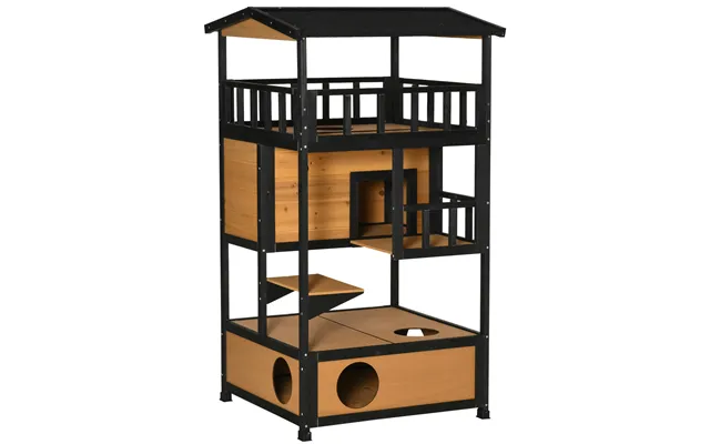 Pawhut Wooden Cat House 3-tier For Winter Kitten Shelter Lodge W Tilted Roof Terrace Jump Step Bottom Tray Elevated Base