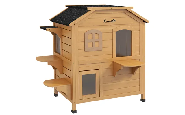 Pawhut Wooden Cat House Condos Cat Cave Pet Shelter 2 Floor Villa Outdoor Furniture Natural Wood Finish Aosom Uk
