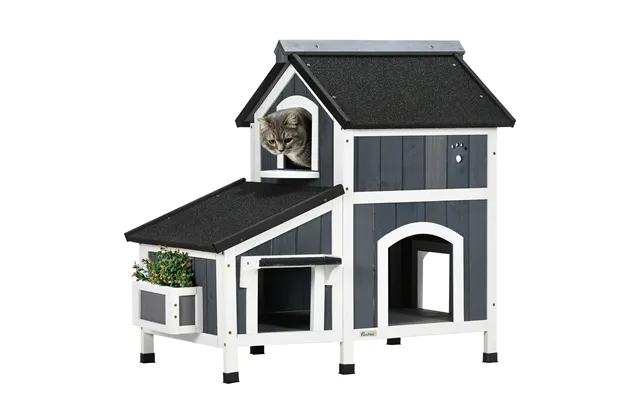 Pawhut Wooden Cat House Outdoor With Flower Pot - 2 Tiers Cat Shelter With Window