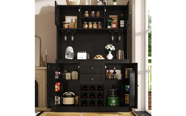 Tall Kitchen Cabinet With 4 Doors & 2 Smooth-glide Drawers And Adjustable Shelves - Sideboard With Wine Racks
