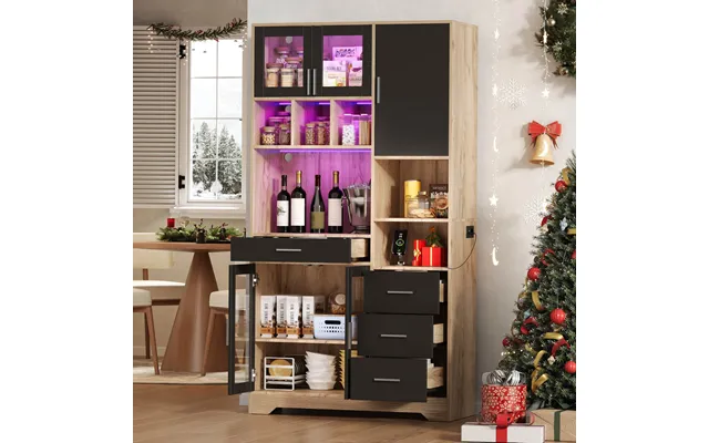 Tall Kitchen Pantry Cabinet With App-controlled Led Lights - Freestanding Cupboard With Power Outlets