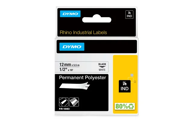 Dymo Rhino Industrial Permanent Polyester Labels 12 Mm X 5.5 M Black Print On White Self-adhesive For Rhino & Labelmanag