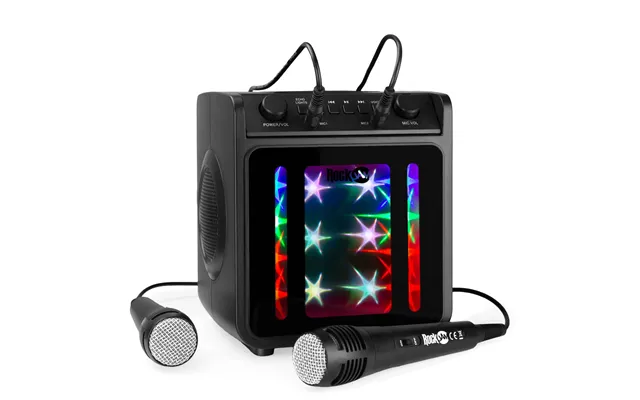 Rockjam 10-watt Rechargeable Bluetooth Karaoke Machine With Two Microphones - Voice Changing Effects & Led Lights