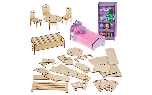 Diy Doll House Furniture Woodcraft Kits Set Of 7 5 Designs - Chairs X3, Table, Bed, Bookcase & Bench