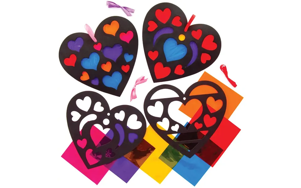 Heart Stained Glass Effect Decoration Kits Pack Of 6 3 Designs - Coloured Cellophane & Hanging Ribbon Included