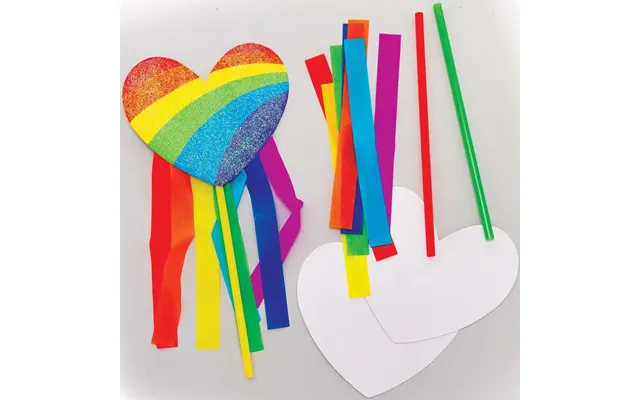 Rainbow Heart Wand Kits Pack Of 8 Craft Kits For Kids 7 Assorted Colour Streamers - Red, Orange, Yellow, Green, Blue, In
