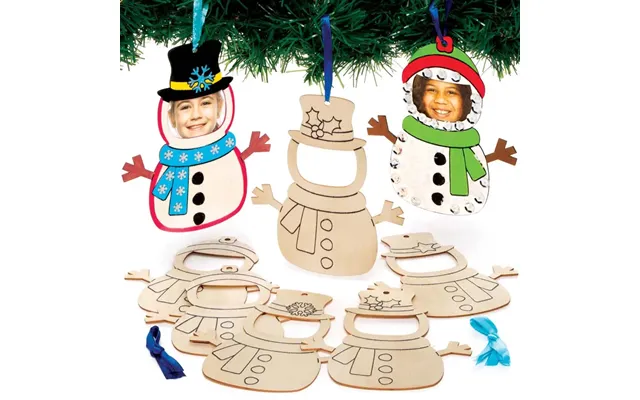 Snowman Wooden Photo Frame Decorations Pack Of 10 Christmas Crafts 2 Ribbon Colours - Dark Blue & Light Blue