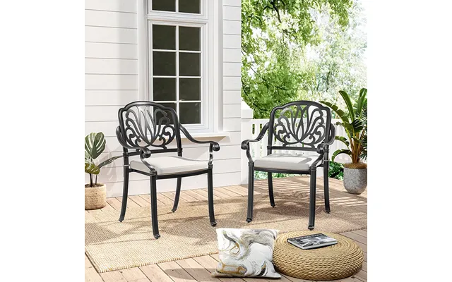 Black Set Of 2 Outdoor Cast Aluminum Dining Chairs With Cushions