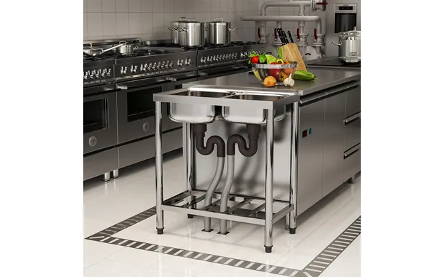 Freestanding Two Compartment Stainless Steel Sink With Shelf