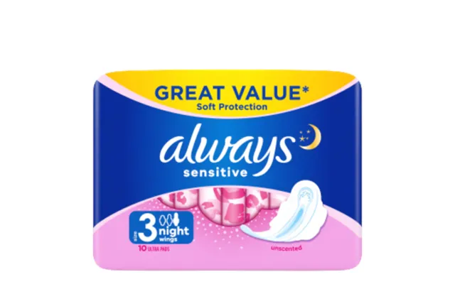 Always Sensitive Night Size 3 Sanitary Pads With Wings - 10 Pcs