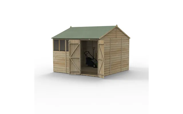 Forest Garden Beckwood Reverse Apex Shed - Double Door, 4 Windows, 10ft X 10ft Pressure Treated Green Timber Shiplap