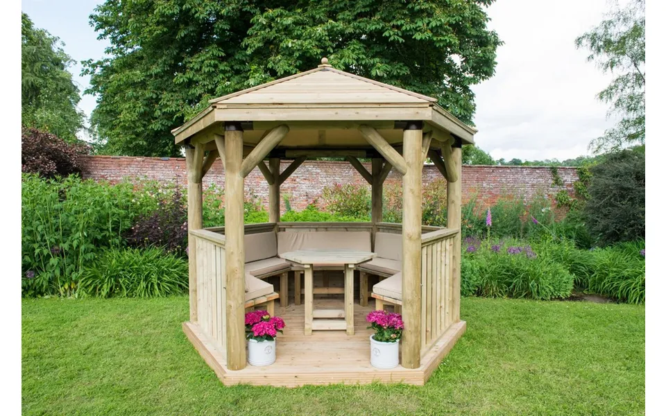 Hexagonal 3m Timber Roof Gazebo With Table, Benches & Cream Cushions Installed - Treated Timber