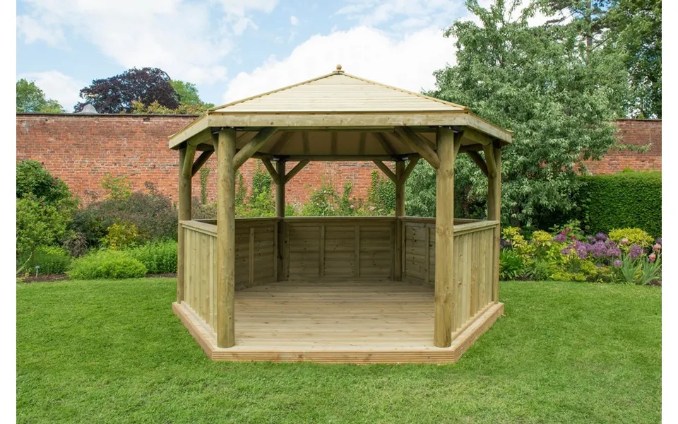 Hexagonal 4m Timber Roof Gazebo Installed - Treated Timber