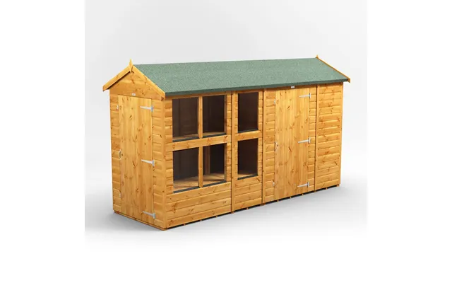 Powersheds Apex Roof Single Door Potting Shed Combi 12ft X 4ft With 6ft Side Store - Golden Brown