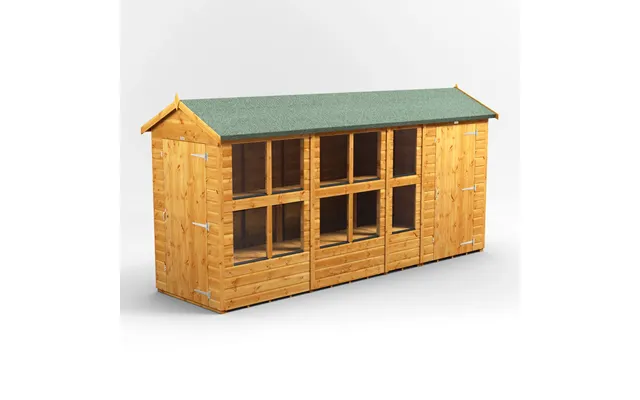 Powersheds Apex Roof Single Door Potting Shed Combi 14ft X 4ft With 4ft Side Store - Golden Brown