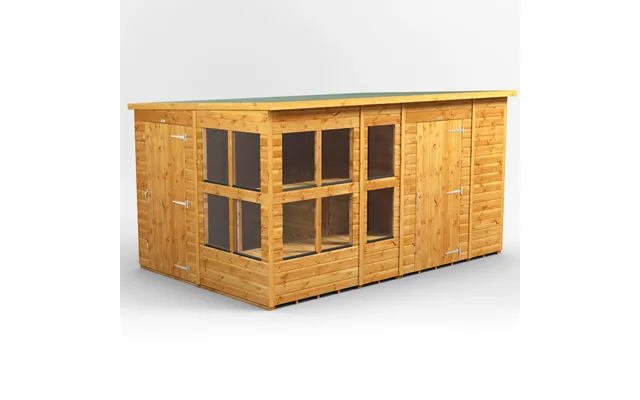 Powersheds Pent Roof Single Door Potting Shed Combi 12ft X 8ft With 6ft Side Store - Golden Brown