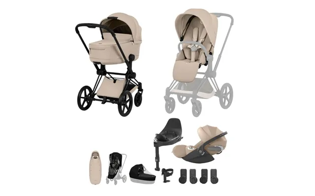 Cybex Platinum Priam Comfort Travel System- Cozy Beige Matt Black - With Footmuff & Cup Holder