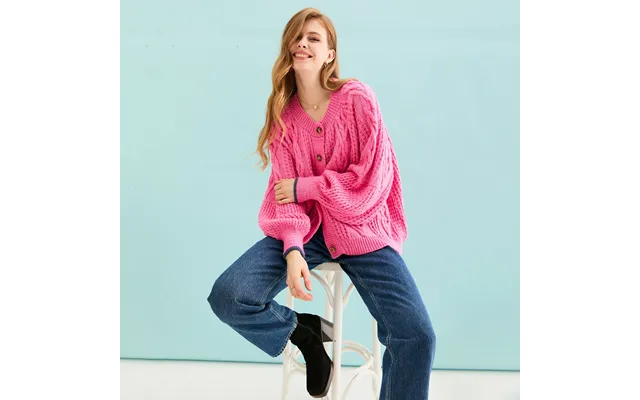Brigit Heart Stitch Oversized Balloon Sleeve Cardigan - Pink, S