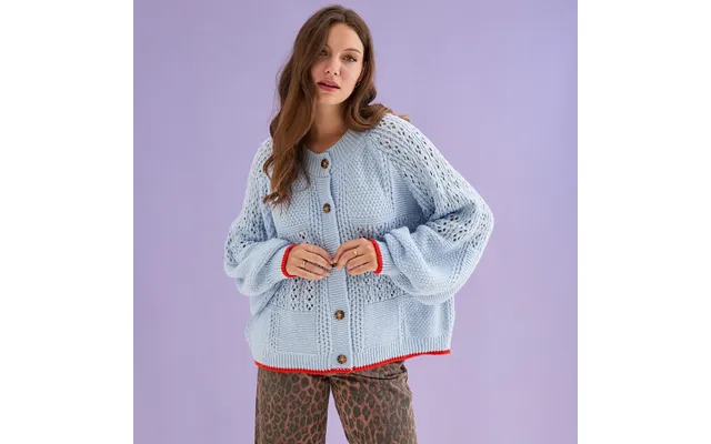 Brigit Pointelle Stitch Balloon Sleeve Cardigan - Blue, S