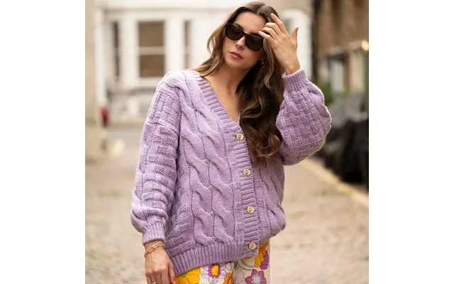 Gemma Basket Stitch Balloon Sleeve Chunky Knit Cardigan - Lilac, Small