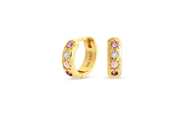 Pink Stone Petite Hoop Earrings - Gold