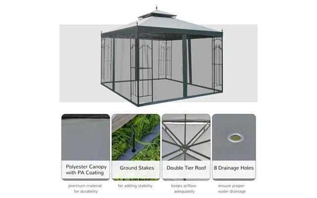 Outsunny 2 Tier Garden Gazebo With Mesh Curtains 3000x3000mm Grey
