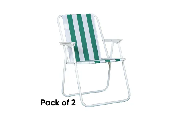 2 Pack Of Outdoor Green And White Stripe Camping Chairs With Armrests