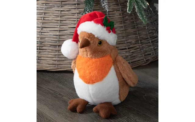 23cm Plush Christmas Robin Decoration With Santa Hat