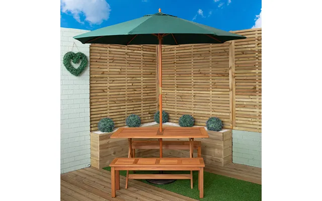 Outdoor 4 Person Rectangular Wooden Garden Dining Table - 2 Benches With Green Parasol And Base Set