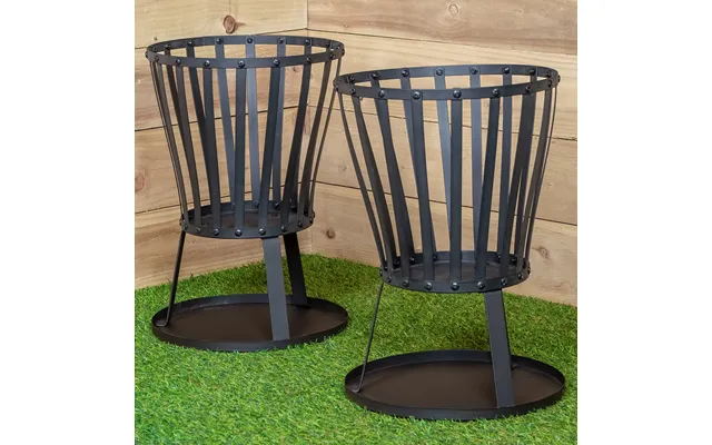 Set Of 2 35cm Outdoor Black Steel Garden Log Burner Fire Basket