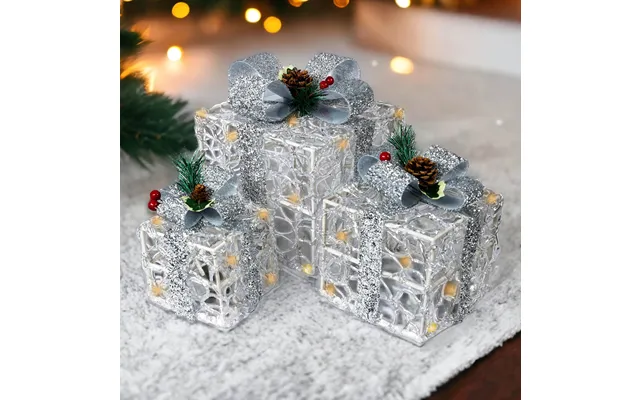 60 Led Light Up Christmas Boxes Battery Operated With Timer Silver Set Of 3 product image