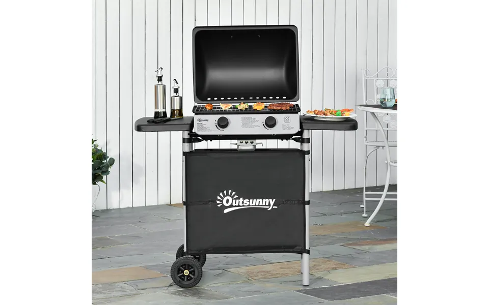 Black 2 Burner Gas Bbq With Lid & Side Shelves