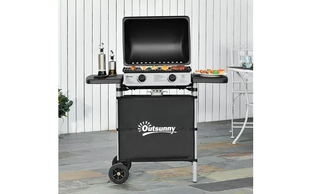 Black 2 Burner Gas Bbq With Lid & Side Shelves