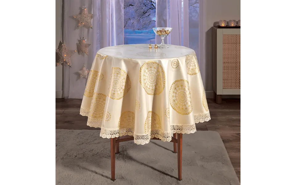 Gold Jacquard Lace Trim Table Cloth 140cms Round