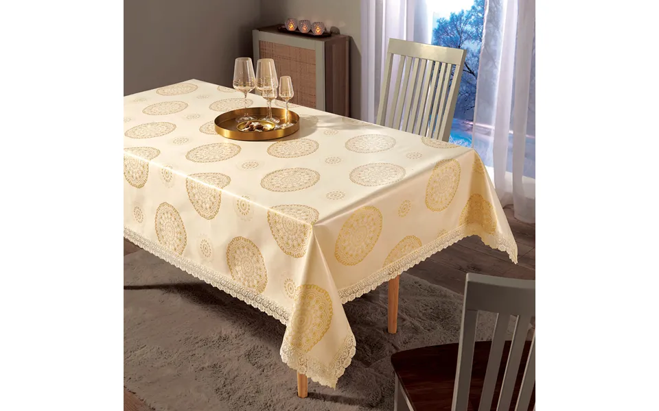Gold Jacquard Lace Trim Table Cloth 175x135 Cms