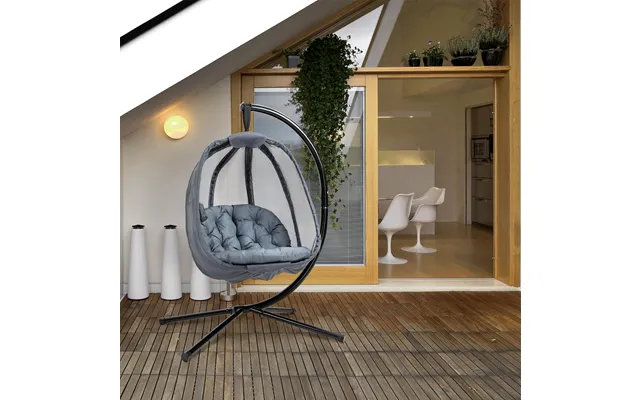 Grey Hanging Egg Chair With Side Pocket Cushion And Stand