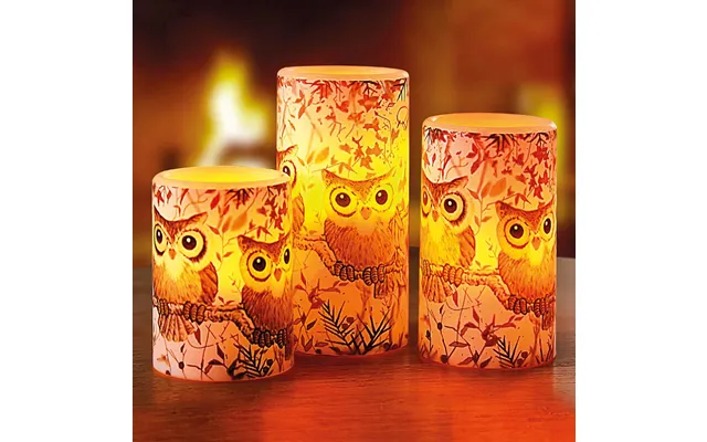 Owl Led Candles Set Of 3 H10 X W7.5cm & H12.5 X 7.5cm & H15 X 7