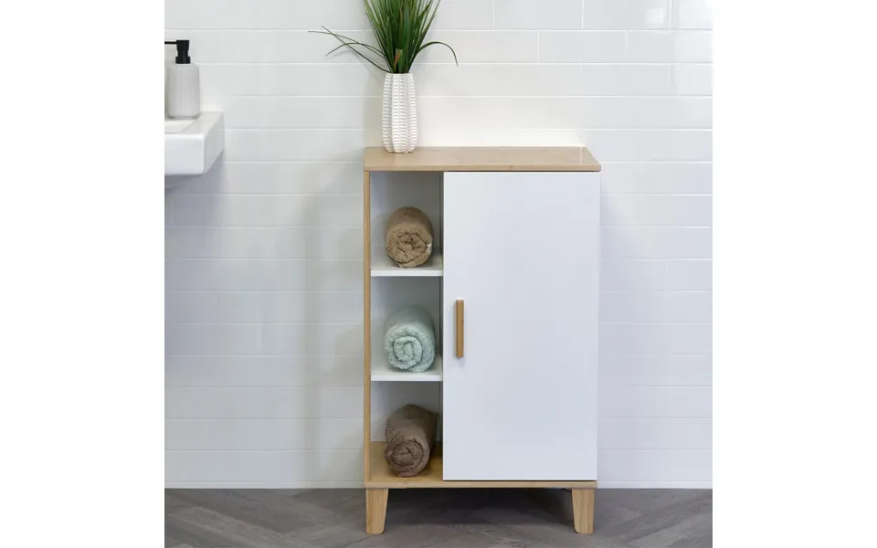 Varallo Matt White & Bamboo Floor Cabinet With Display Shelves
