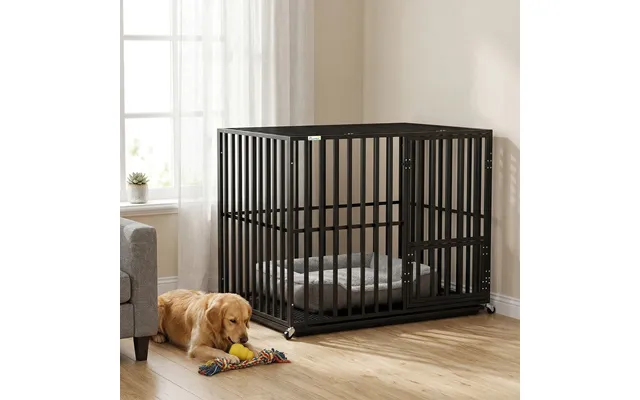 Pawhut Heavy Duty Dog Crate, Dog Cage With Wheels For Medium Large Breeds, Metal Pet Kennel With Removable Tray - Black