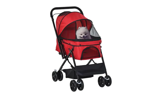Pawhut Pet Stroller Pushchair Foldable Travel Dog Cat Carriage W Reversible Handle Brake Basket - Red