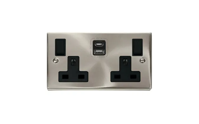 Click Deco 2g 13a Switched Socket With Type A & C Usb 4.2a Outlets Satin Chrome Insert Black