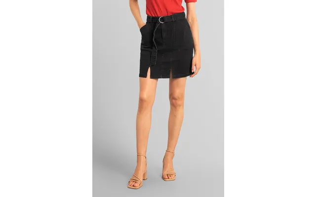 Enorsia Womens Black Belted Denim With Front Slit Mini Skirt - Uk 12