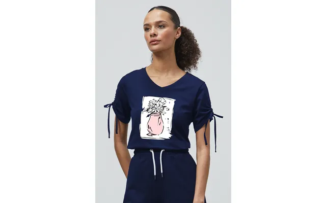 Enorsia Womens Blue Ruched Sleeves Chest Printed T-shirt - Uk 10 product image